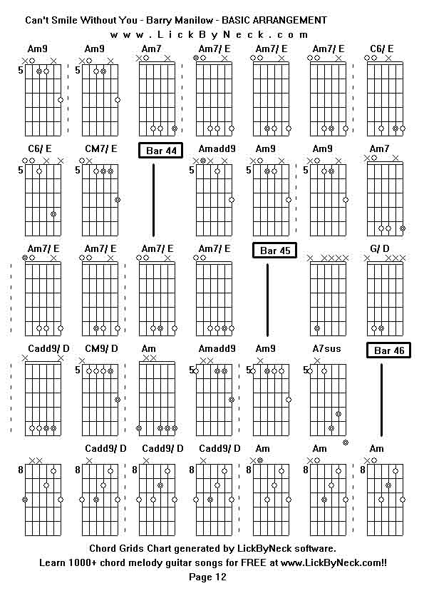 Chord Grids Chart of chord melody fingerstyle guitar song-Can't Smile Without You - Barry Manilow - BASIC ARRANGEMENT,generated by LickByNeck software.